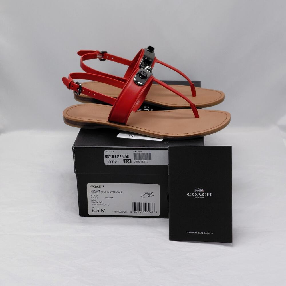 Coach Womens Gracie Thong Sandals Size 6.5 Red Leather Flats Quiet Luxury Resort